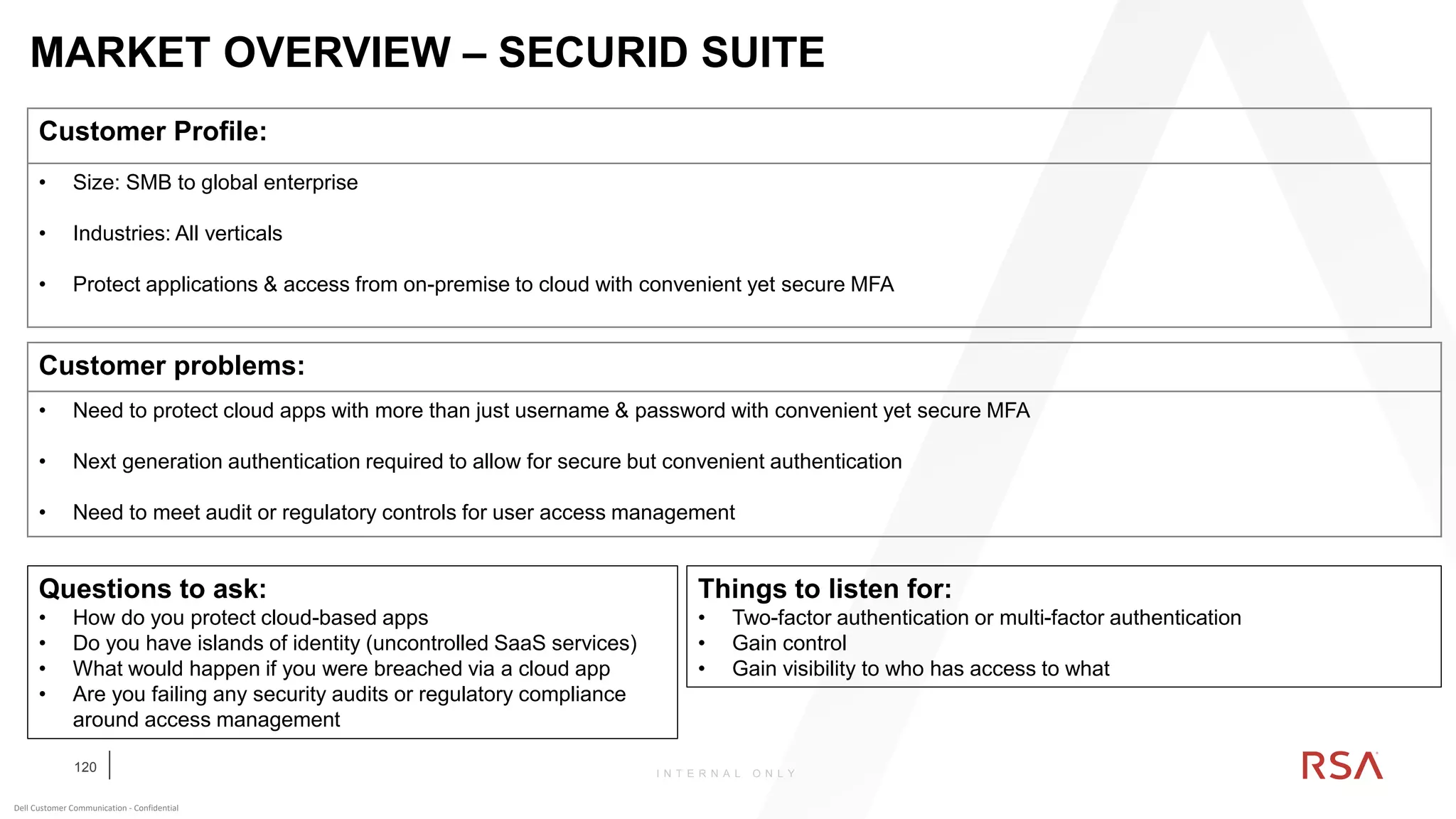120
Dell Customer Communication - Confidential
I N T E R N A L O N L Y
MARKET OVERVIEW – SECURID SUITE
Customer Profile:
• Size: SMB to global enterprise
• Industries: All verticals
• Protect applications & access from on-premise to cloud with convenient yet secure MFA
Customer problems:
• Need to protect cloud apps with more than just username & password with convenient yet secure MFA
• Next generation authentication required to allow for secure but convenient authentication
• Need to meet audit or regulatory controls for user access management
Questions to ask:
• How do you protect cloud-based apps
• Do you have islands of identity (uncontrolled SaaS services)
• What would happen if you were breached via a cloud app
• Are you failing any security audits or regulatory compliance
around access management
Things to listen for:
• Two-factor authentication or multi-factor authentication
• Gain control
• Gain visibility to who has access to what
 