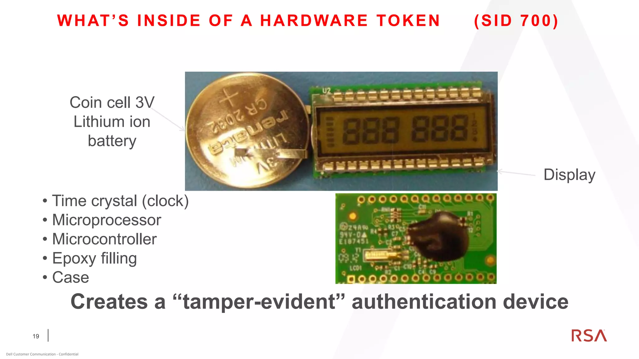 19
Dell Customer Communication - Confidential
WHAT’S INSIDE OF A HARDWARE TOKEN (SID 700)
Coin cell 3V
Lithium ion
battery
Display
• Time crystal (clock)
• Microprocessor
• Microcontroller
• Epoxy filling
• Case
Creates a “tamper-evident” authentication device
 