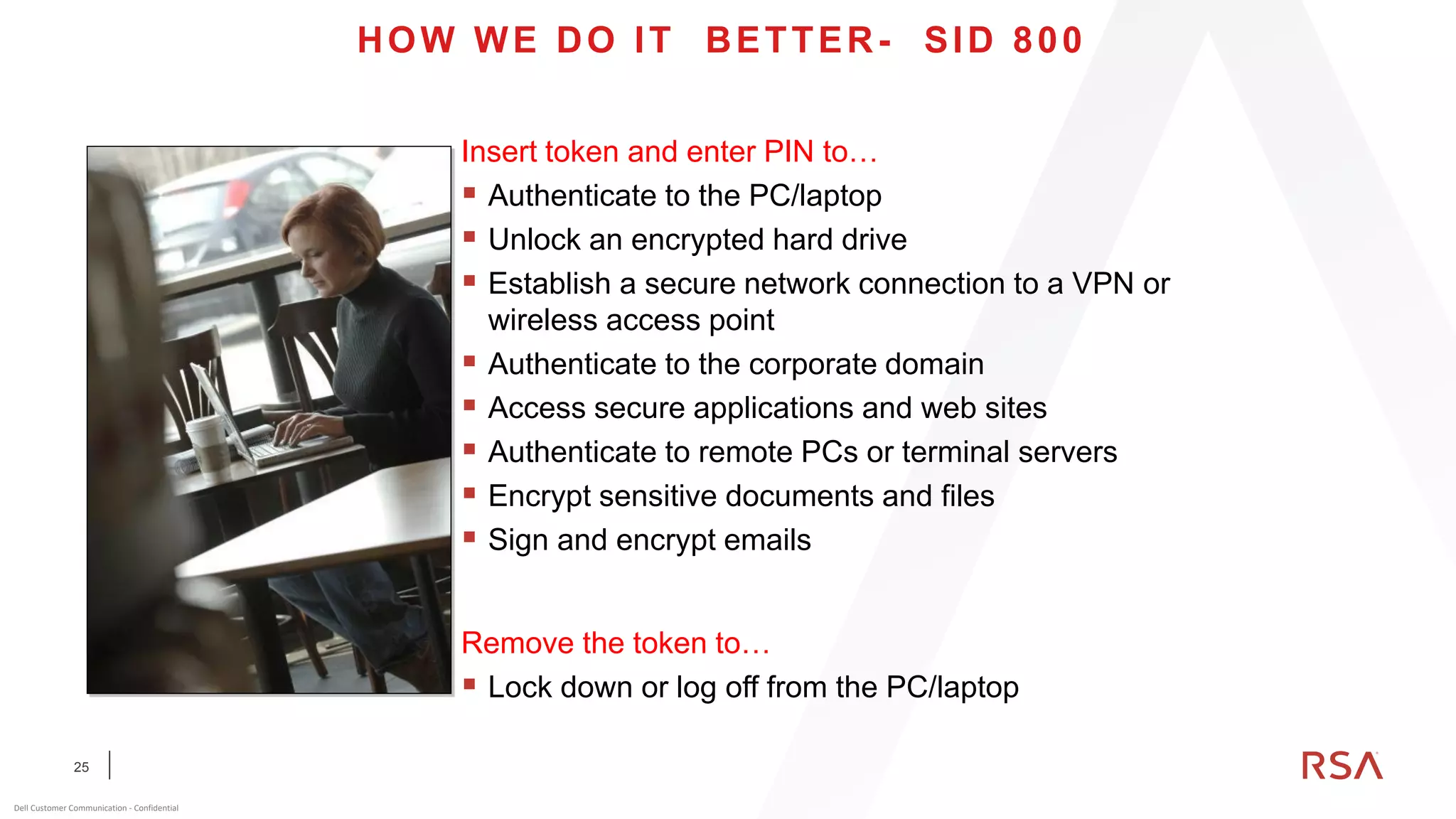 25
Dell Customer Communication - Confidential
HOW WE DO IT BETTER- SID 800
Insert token and enter PIN to…
▪ Authenticate to the PC/laptop
▪ Unlock an encrypted hard drive
▪ Establish a secure network connection to a VPN or
wireless access point
▪ Authenticate to the corporate domain
▪ Access secure applications and web sites
▪ Authenticate to remote PCs or terminal servers
▪ Encrypt sensitive documents and files
▪ Sign and encrypt emails
Remove the token to…
▪ Lock down or log off from the PC/laptop
 