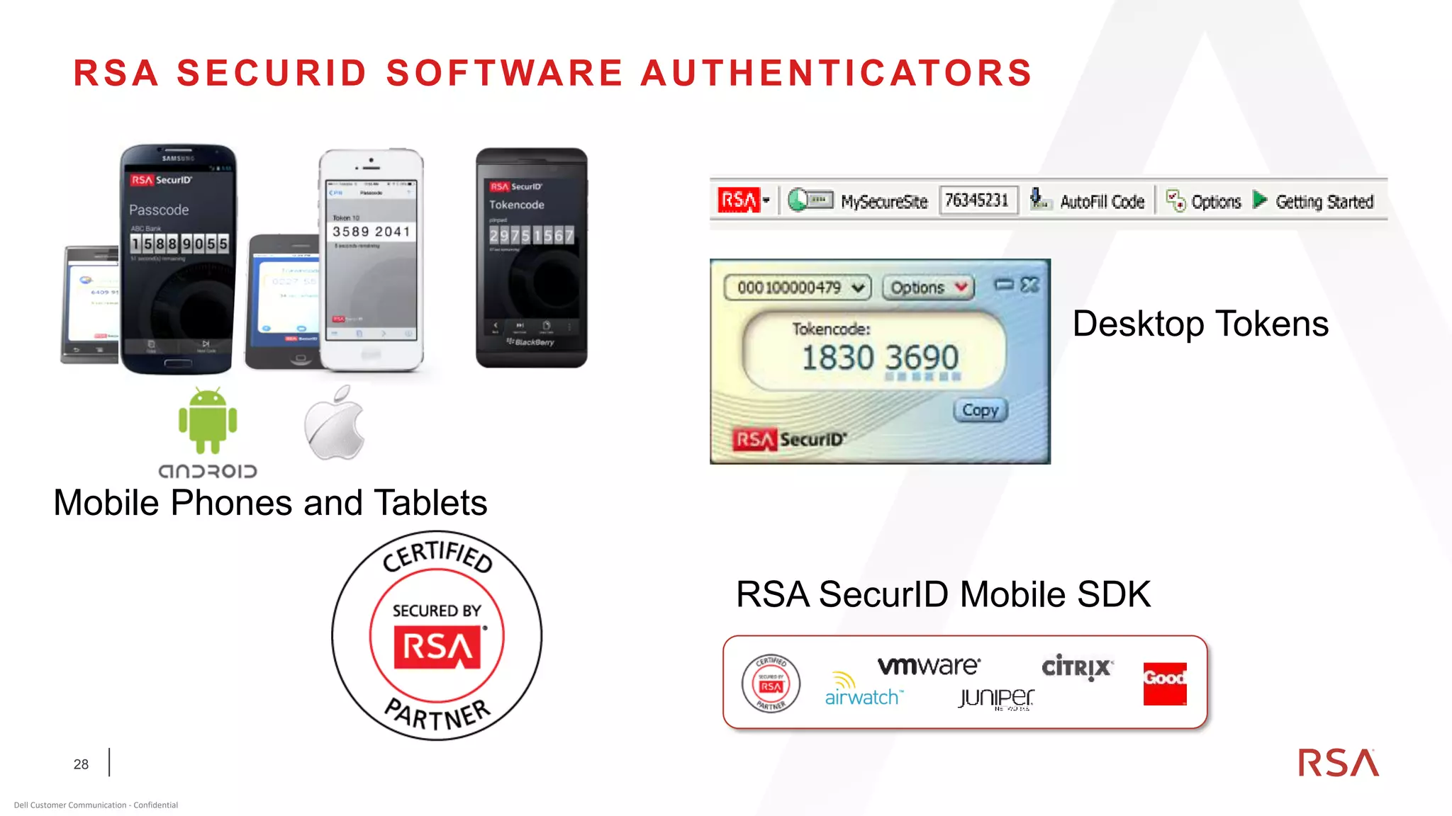 28
Dell Customer Communication - Confidential
RSA SECURID SOFTWARE AUTHENTICATORS
RSA SecurID Mobile SDK
Desktop Tokens
Mobile Phones and Tablets
 