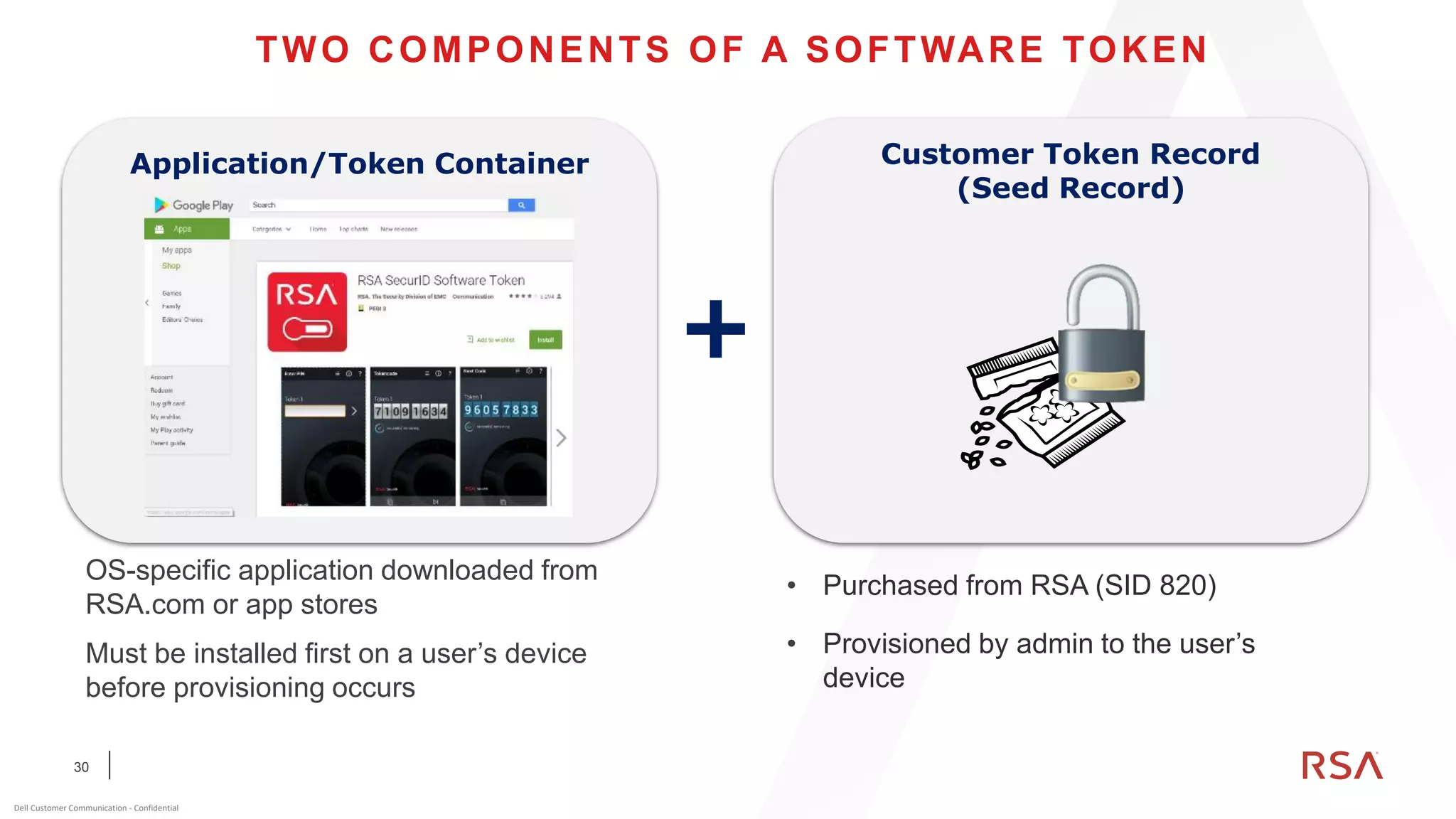 30
Dell Customer Communication - Confidential
TWO COMPONENTS OF A SOFTWARE TOKEN
OS-specific application downloaded from
RSA.com or app stores
Must be installed first on a user’s device
before provisioning occurs
Application/Token Container
+
Customer Token Record
(Seed Record)
• Purchased from RSA (SID 820)
• Provisioned by admin to the user’s
device
 