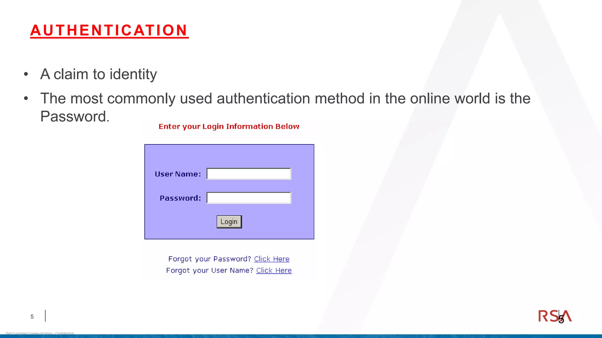 5
Dell Customer Communication - Confidential
AUTHENTICATION
5
• A claim to identity
• The most commonly used authentication method in the online world is the
Password.
 