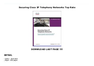 Securing Cisco IP Telephony Networks Top Rate
DONWLOAD LAST PAGE !!!!
DETAIL
New Series The real-world guide to securing Cisco-based IP telephony applications, devices, and networks Cisco IP telephony leverages converged networks to dramatically reduce TCO and improve ROI. However, its critical importance to business communications and deep integration with enterprise IP networks make it susceptible to attacks that legacy telecom systems did not face. Now, there s a comprehensive guide to securing the IP telephony components that ride atop data network infrastructures and thereby providing IP telephony services that are safer, more resilient, more stable, and more scalable. "Securing Cisco IP Telephony Networks" provides comprehensive, up-to-date details for securing Cisco IP telephony equipment, underlying infrastructure, and telephony applications. Drawing on ten years of experience, senior network consultant Akhil Behl offers a complete security framework for use in any Cisco IP telephony environment. You ll find best practices and detailed configuration examples for securing Cisco Unified Communications Manager (CUCM), Cisco Unity/Unity Connection, Cisco Unified Presence, Cisco Voice Gateways, Cisco IP Telephony Endpoints, and many other Cisco IP Telephony applications. The book showcases easy-to-follow Cisco IP Telephony applications and network security-centric examples in every chapter. This guide is invaluable to every technical professional and IT decision-maker concerned with securing Cisco IP telephony networks, including network engineers, administrators, architects, managers, security analysts, IT directors, and consultants. Recognize vulnerabilities caused by IP network integration, as well as VoIP s unique security requirements Discover how hackers target IP telephony networks and proactively protect against each facet of their attacks Implement a flexible, proven methodology for end-to-end Cisco IP Telephony security Use a layered (defense-in-depth) approach that builds on underlying network security design Secure CUCM, Cisco
Unity/Unity Connection, CUPS, CUCM Express, and Cisco Unity Express platforms against internal and external threats Establish physical security, Layer 2 and Layer 3 security, and Cisco ASA-based perimeter security Complete coverage of Cisco IP Telephony encryption and authentication fundamentals Configure Cisco IOS Voice Gateways to help prevent toll fraud and deter attacks Secure Cisco Voice Gatekeepers and Cisco Unified Border Element (CUBE) against rogue endpoints and other attack vectors Secure Cisco IP telephony endpoints Cisco Unified IP Phones (wired, wireless, and soft phone) from malicious insiders and external threats This IP communications book is part of the Cisco Press(r) Networking Technology Series. IP communications titles from Cisco Press help networking professionals understand voice and IP telephony technologies, plan and design converged networks, and implement network solutions for increased productivity. "
Author : Akhil Behl
●
Pages : 696 pages
●
 