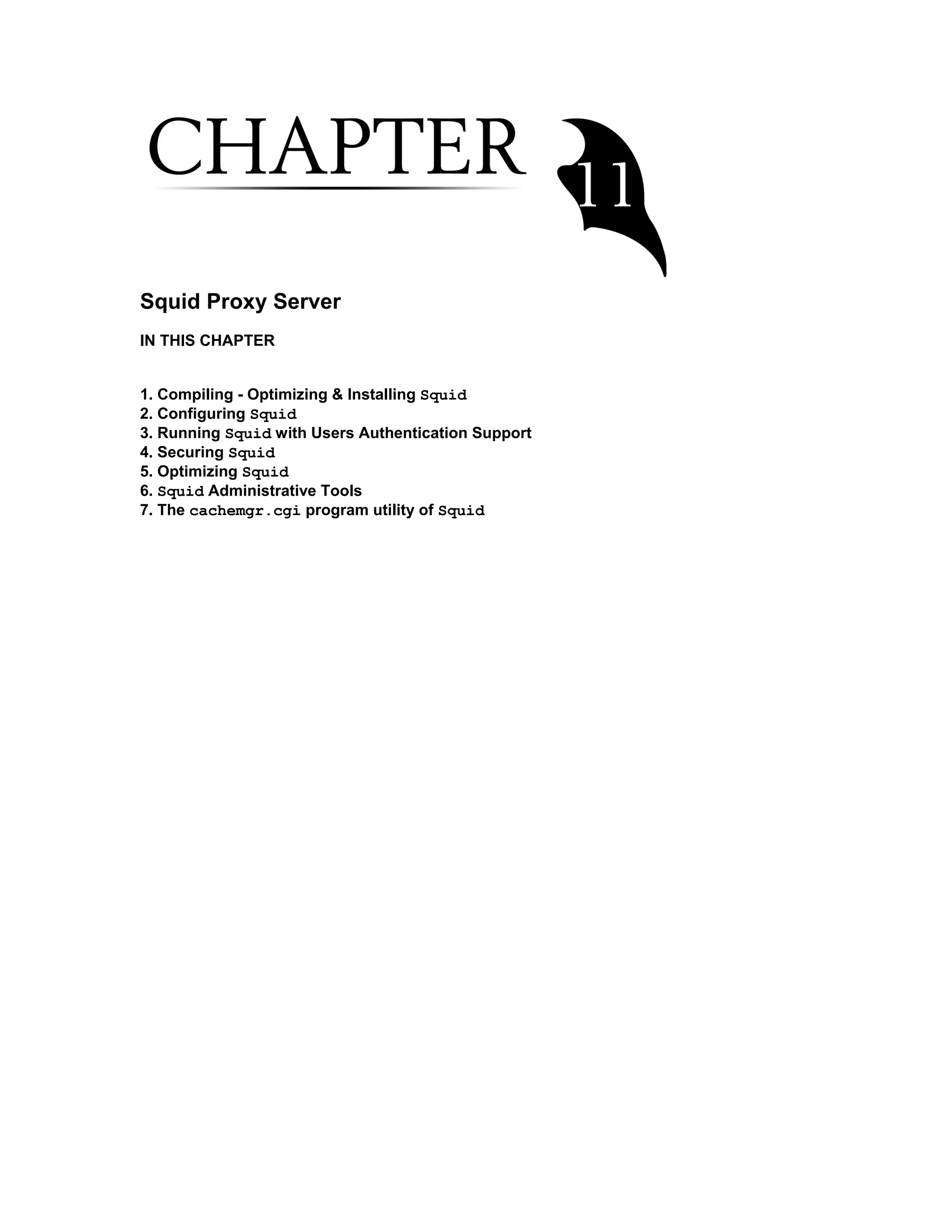 Squid Proxy Server
IN THIS CHAPTER
1. Compiling - Optimizing & Installing Squid
2. Configuring Squid
3. Running Squid with Users Authentication Support
4. Securing Squid
5. Optimizing Squid
6. Squid Administrative Tools
7. The cachemgr.cgi program utility of Squid
 