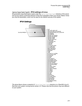 Process file system management 0
CHAPTER 7
211
/proc/sys/net/ipv4: IPV4 settings of Linux
All parameters described below reside under the /proc/sys/net/ipv4 directory of the server
and can be used to control the behavior of the IPv4 subsystem of the Linux kernel. Below I show
you only the parameters, which can be used for the network security of the system.
The above figure shows a snapshot of /proc/sys/net/ipv4 directory on a OpenNA Linux &
Red Hat Linux system running kernel version 2.4. Please note that this picture may look different
on your system.
 