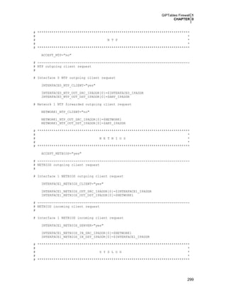 GIPTables Firewall 1
CHAPTER 0
299
# ****************************************************************************
# *
# N T P *
# *
# ****************************************************************************
ACCEPT_NTP="no"
# ----------------------------------------------------------------------------
# NTP outgoing client request
#
# Interface 0 NTP outgoing client request
INTERFACE0_NTP_CLIENT="yes"
INTERFACE0_NTP_OUT_SRC_IPADDR[0]=$INTERFACE0_IPADDR
INTERFACE0_NTP_OUT_DST_IPADDR[0]=$ANY_IPADDR
# Network 1 NTP forwarded outgoing client request
NETWORK1_NTP_CLIENT="no"
NETWORK1_NTP_OUT_SRC_IPADDR[0]=$NETWORK1
NETWORK1_NTP_OUT_DST_IPADDR[0]=$ANY_IPADDR
# ****************************************************************************
# *
# N E T B I O S *
# *
# ****************************************************************************
ACCEPT_NETBIOS="yes"
# ----------------------------------------------------------------------------
# NETBIOS outgoing client request
#
# Interface 1 NETBIOS outgoing client request
INTERFACE1_NETBIOS_CLIENT="yes"
INTERFACE1_NETBIOS_OUT_SRC_IPADDR[0]=$INTERFACE1_IPADDR
INTERFACE1_NETBIOS_OUT_DST_IPADDR[0]=$NETWORK1
# ----------------------------------------------------------------------------
# NETBIOS incoming client request
#
# Interface 1 NETBIOS incoming client request
INTERFACE1_NETBIOS_SERVER="yes"
INTERFACE1_NETBIOS_IN_SRC_IPADDR[0]=$NETWORK1
INTERFACE1_NETBIOS_IN_DST_IPADDR[0]=$INTERFACE1_IPADDR
# ****************************************************************************
# *
# S Y S L O G *
# *
# ****************************************************************************
 