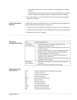 • gain unauthorized access to resources elsewhere in your organization’s computer
                              network
                            • launch attacks on external sites from your server host machine, thus concealing the
                              intruders’ identities, and perhaps making your organization liable for damages

                        3. Users can be unable to access your Web site if all of its resources are consumed by a
                           denial-of-service attack.


Security improvement    To improve the security of your public Web site, we recommend a three-step approach. It
approach                requires implementing security practices in these areas:

                        1. installing a secure server. Refer to the module Securing Network Servers [Allen 00].

                        2. configuring Web server software and the underlying Web server host operating system

                        3. maintaining the Web server’s integrity




Summary of               Area                 Recommended Practice
recommended practices
                         Configuring            1. Isolate the Web server from public networks and your
                         server technology         organization’s internal networks.
                                                2. Configure the Web server with appropriate object, device, and
                                                   file access controls.
                                                3. Identify and enable Web-server-specific logging mechanisms.
                                                4. Consider security implications before selecting programs,
                                                   scripts, and plug-ins for your Web server.
                                                5. Configure the Web server to minimize the functionality of
                                                   programs, scripts, and plug-ins.
                                                6. Configure the Web server to use authentication and encryption
                                                   technologies, where required.
                         Maintaining            7. Maintain the authoritative copy of your Web site content on a
                         server integrity          secure host.
                                                8. Protect your Web server against common attacks.


Abbreviations used in
these practices         ASCII               American Standard Code for Information Interchange
                        CA                  Certificate Authority
                        CGI                 Common Gateway Interface
                        CLF                 Common Log Format
                        DDOS                Distributed Denial Of Service
                        DoS                 Denial of Service
                        ELF                 Extended Log Format
                        FTP                 File Transfer Protocol
                        HTML                HyperText Markup Language
                        HTTP                HyperText Transfer Protocol
                        IETF                Internet Engineering Task Force



CMU/SEI-SIM-011                                                                                                    3
 