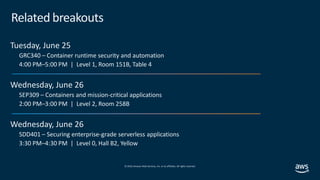© 2019,Amazon Web Services, Inc. or its affiliates. All rights reserved.
Related breakouts
Tuesday, June 25
GRC340 – Container runtime security and automation
4:00 PM–5:00 PM | Level 1, Room 151B, Table 4
Wednesday, June 26
SEP309 – Containers and mission-critical applications
2:00 PM–3:00 PM | Level 2, Room 258B
Wednesday, June 26
SDD401 – Securing enterprise-grade serverless applications
3:30 PM–4:30 PM | Level 0, Hall B2, Yellow
 