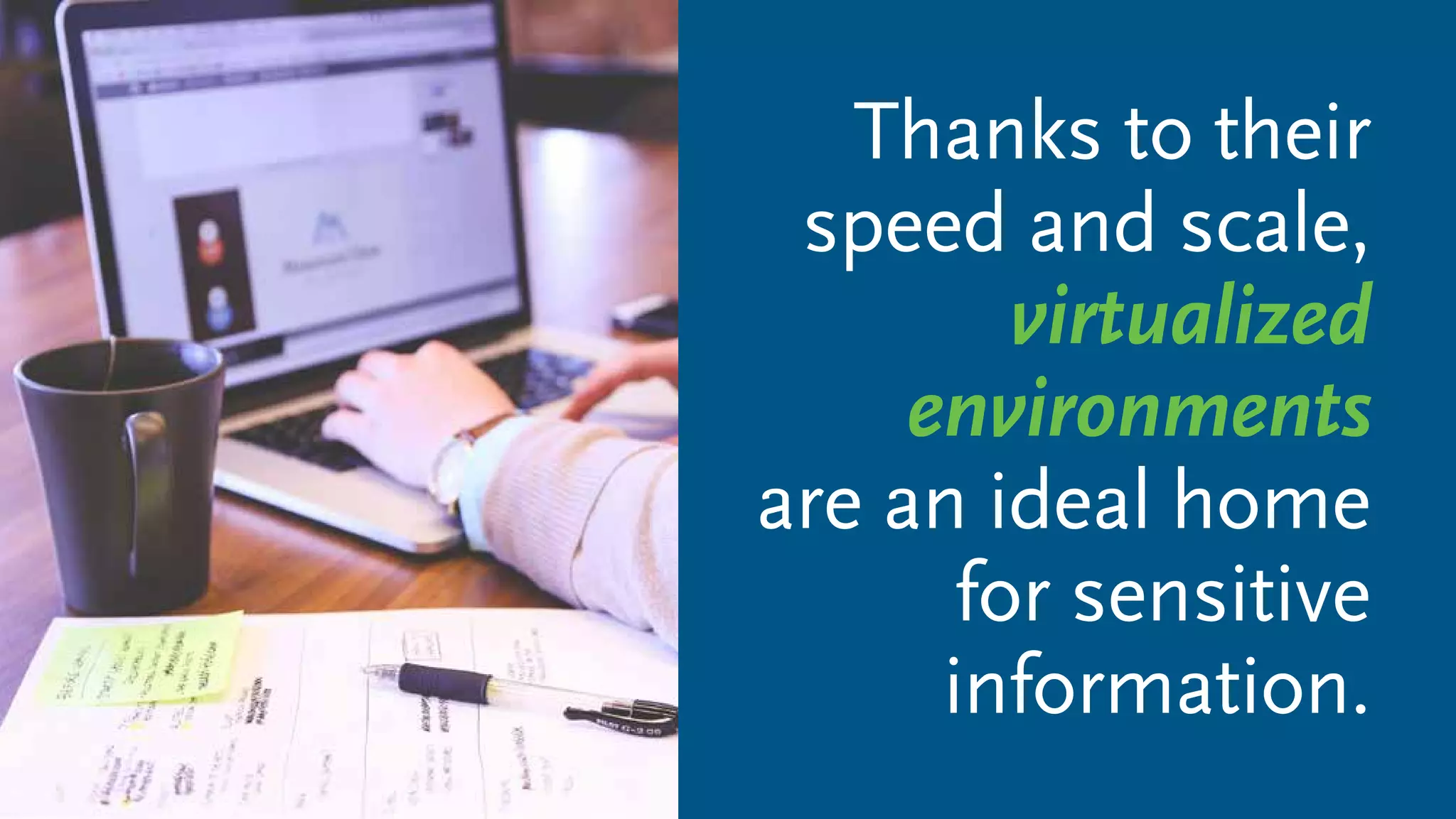 Thanks to their
speed and scale,
virtualized
environments
are an ideal home
for sensitive
information.
 