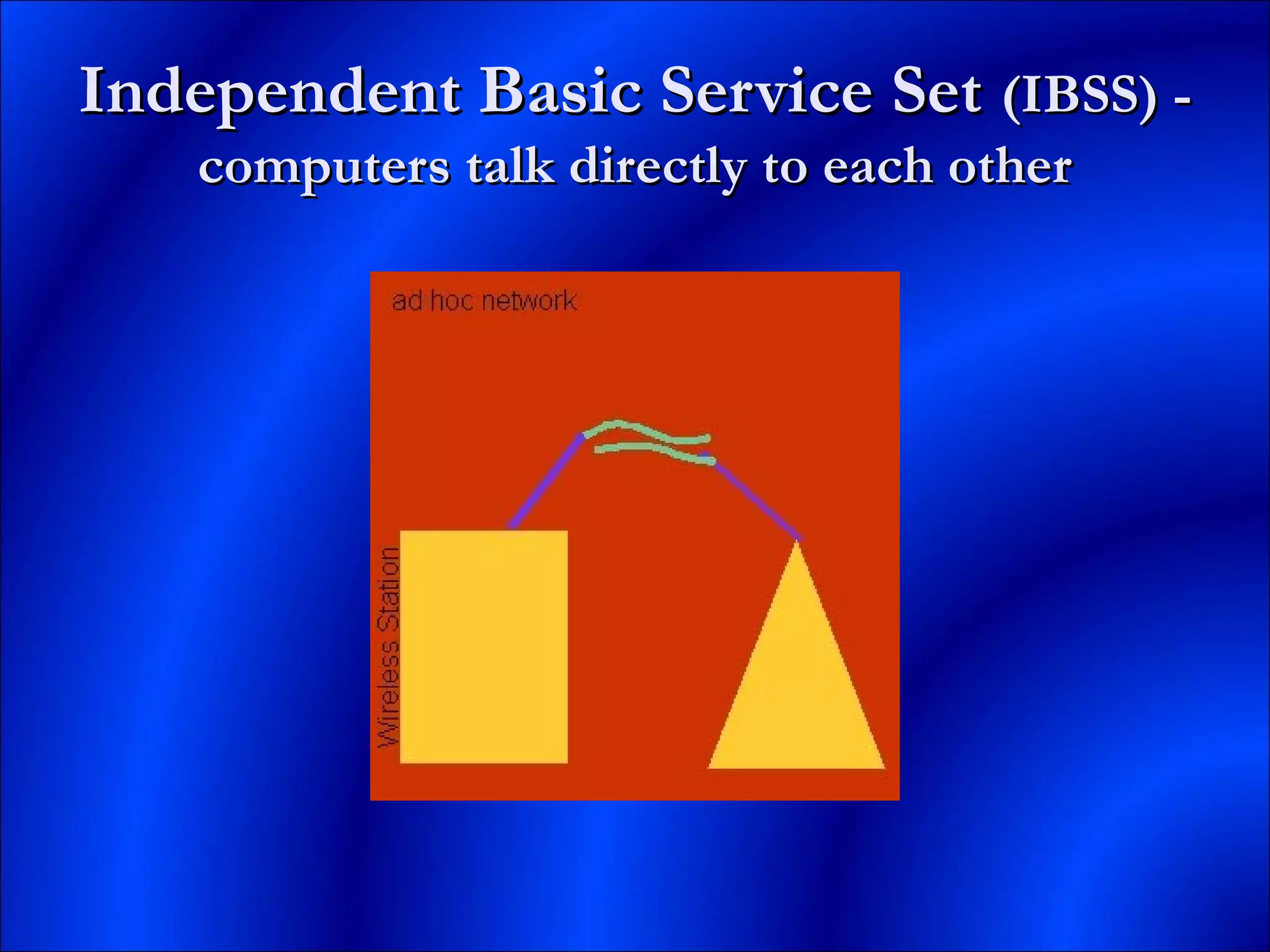 Independent Basic Service SetIndependent Basic Service Set (IBSS) -(IBSS) -
computers talk directly to each othercomputers talk directly to each other
 