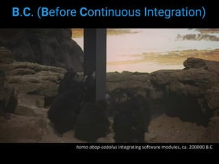 www.container-solutions.com | info@container-solutions.com
B.C. (Before Continuous Integration)
homo	abap-cobolus	integrating	software	modules,	ca.	200000	B.C
 