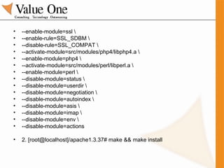 --enable-module=ssl \ --enable-rule=SSL_SDBM \ --disable-rule=SSL_COMPAT \ --activate-module=src/modules/php4/libphp4.a \ --enable-module=php4 \ --activate-module=src/modules/perl/libperl.a \ --enable-module=perl \ --disable-module=status \ --disable-module=userdir \ --disable-module=negotiation \ --disable-module=autoindex \ --disable-module=asis \ --disable-module=imap \ --disable-module=env \ --disable-module=actions 2. [root@localhost]/apache1.3.37# make && make install 