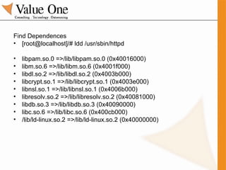 Find Dependences [root@localhost]/# ldd /usr/sbin/httpd libpam.so.0 =>/lib/libpam.so.0 (0x40016000) libm.so.6 =>/lib/libm.so.6 (0x4001f000) libdl.so.2 =>/lib/libdl.so.2 (0x4003b000) libcrypt.so.1 =>/lib/libcrypt.so.1 (0x4003e000) libnsl.so.1 =>/lib/libnsl.so.1 (0x4006b000) libresolv.so.2 =>/lib/libresolv.so.2 (0x40081000) libdb.so.3 =>/lib/libdb.so.3 (0x40090000) libc.so.6 =>/lib/libc.so.6 (0x400cb000) /lib/ld-linux.so.2 =>/lib/ld-linux.so.2 (0x40000000) 