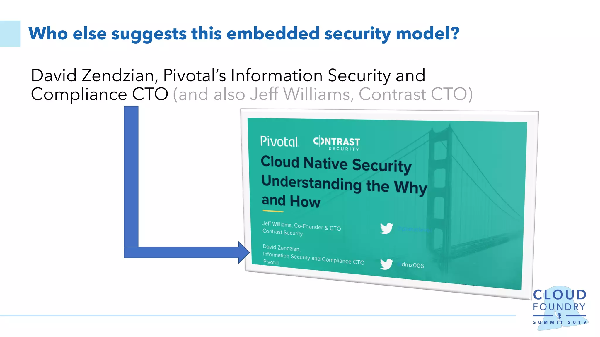 Who else suggests this embedded security model?
David Zendzian, Pivotal’s Information Security and
Compliance CTO (and also Jeff Williams, Contrast CTO)
 