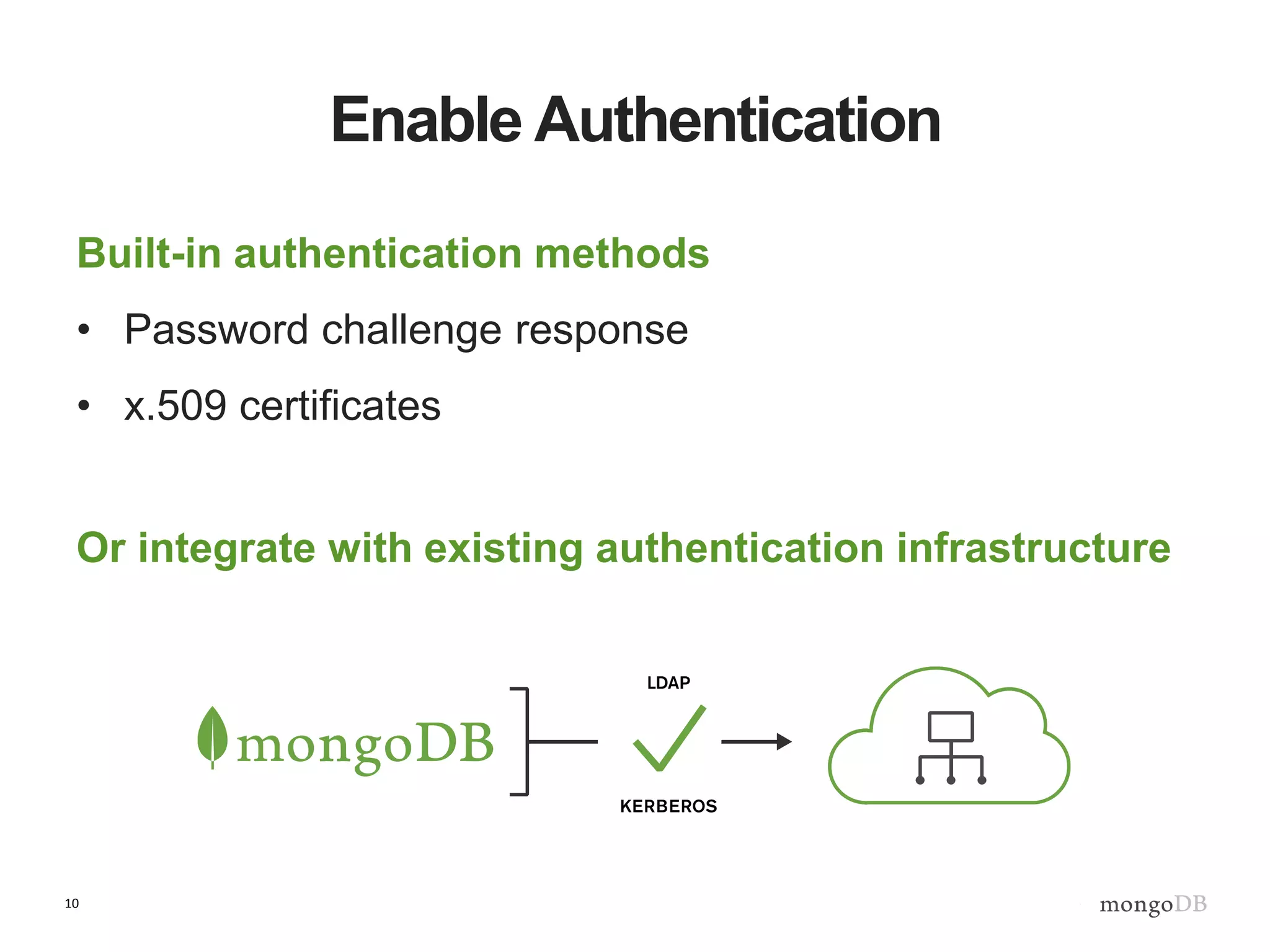 10
Enable Authentication
Built-in authentication methods
• Password challenge response
• x.509 certificates
Or integrate with existing authentication infrastructure
 