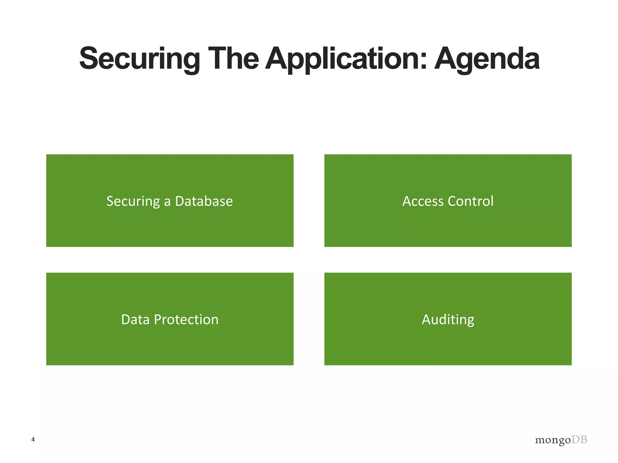 4
Securing The Application: Agenda
Securing a Database Access Control
AuditingData Protection
 