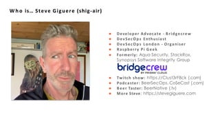● Developer Advocate - Bridgecrew
● DevSecOp s Enthusiast
● DevSecOps London - Organiser
● Raspberry Pi Geek
● Formerly: Aqua Security, StackRox,
Synopsys Software Integrity Group
● Twitch show: https://Clust3rF8ck (.com)
● Podcaster: BeerSecOps, CoSeCast (.com)
● Beer Taster: BeerNative (.tv)
● More Steve: https://stevegiguere.com
W h o is… Steve Giguere (shig-air)
 