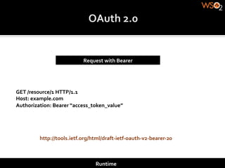 Request	
  with	
  Bearer	
  




GET	
  /resource/1	
  HTTP/1.1	
  
Host:	
  example.com	
  
Authorization:	
  Bearer	
  “access_token_value”	
  




           http://tools.ietf.org/html/draft-­‐ietf-­‐oauth-­‐v2-­‐bearer-­‐20	
  



                                        Runtime	
  
 
