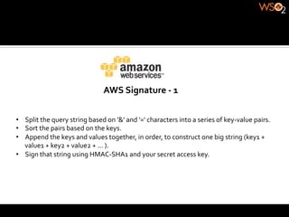 AWS	
  Signature	
  -­‐	
  1	
  

•  Split	
  the	
  query	
  string	
  based	
  on	
  '&'	
  and	
  '='	
  characters	
  into	
  a	
  series	
  of	
  key-­‐value	
  pairs.	
  
•  Sort	
  the	
  pairs	
  based	
  on	
  the	
  keys.	
  
•  Append	
  the	
  keys	
  and	
  values	
  together,	
  in	
  order,	
  to	
  construct	
  one	
  big	
  string	
  (key1	
  +	
  
   value1	
  +	
  key2	
  +	
  value2	
  +	
  ...	
  ).	
  
•  Sign	
  that	
  string	
  using	
  HMAC-­‐SHA1	
  and	
  your	
  secret	
  access	
  key.	
  
 