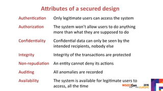 A:ributes	of	a	secured	design	
Authen>ca>on	 Only	legi>mate	users	can	access	the	system	
Authoriza>on	 The	system	won’t	allow	users	to	do	anything	
more	than	what	they	are	supposed	to	do	
Conﬁden>ality	 Conﬁden>al	data	can	only	be	seen	by	the	
intended	recipients,	nobody	else	
Integrity	 Integrity	of	the	transac>ons	are	protected	
Non-repudia>on	 An	en>ty	cannot	deny	its	ac>ons	
Audi>ng	 All	anomalies	are	recorded	
Availability	 The	system	is	available	for	legi>mate	users	to	
access,	all	the	>me	
 