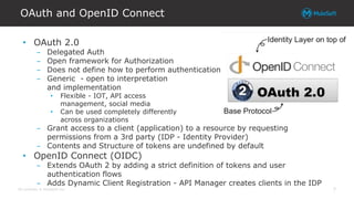 All contents © MuleSoft Inc.
OAuth and OpenID Connect
7
• OAuth 2.0
– Delegated Auth
– Open framework for Authorization
– Does not define how to perform authentication
– Generic - open to interpretation
and implementation
• Flexible - IOT, API access
management, social media
• Can be used completely differently
across organizations
– Grant access to a client (application) to a resource by requesting
permissions from a 3rd party (IDP - Identity Provider)
– Contents and Structure of tokens are undefined by default
• OpenID Connect (OIDC)
– Extends OAuth 2 by adding a strict definition of tokens and user
authentication flows
– Adds Dynamic Client Registration - API Manager creates clients in the IDP
 