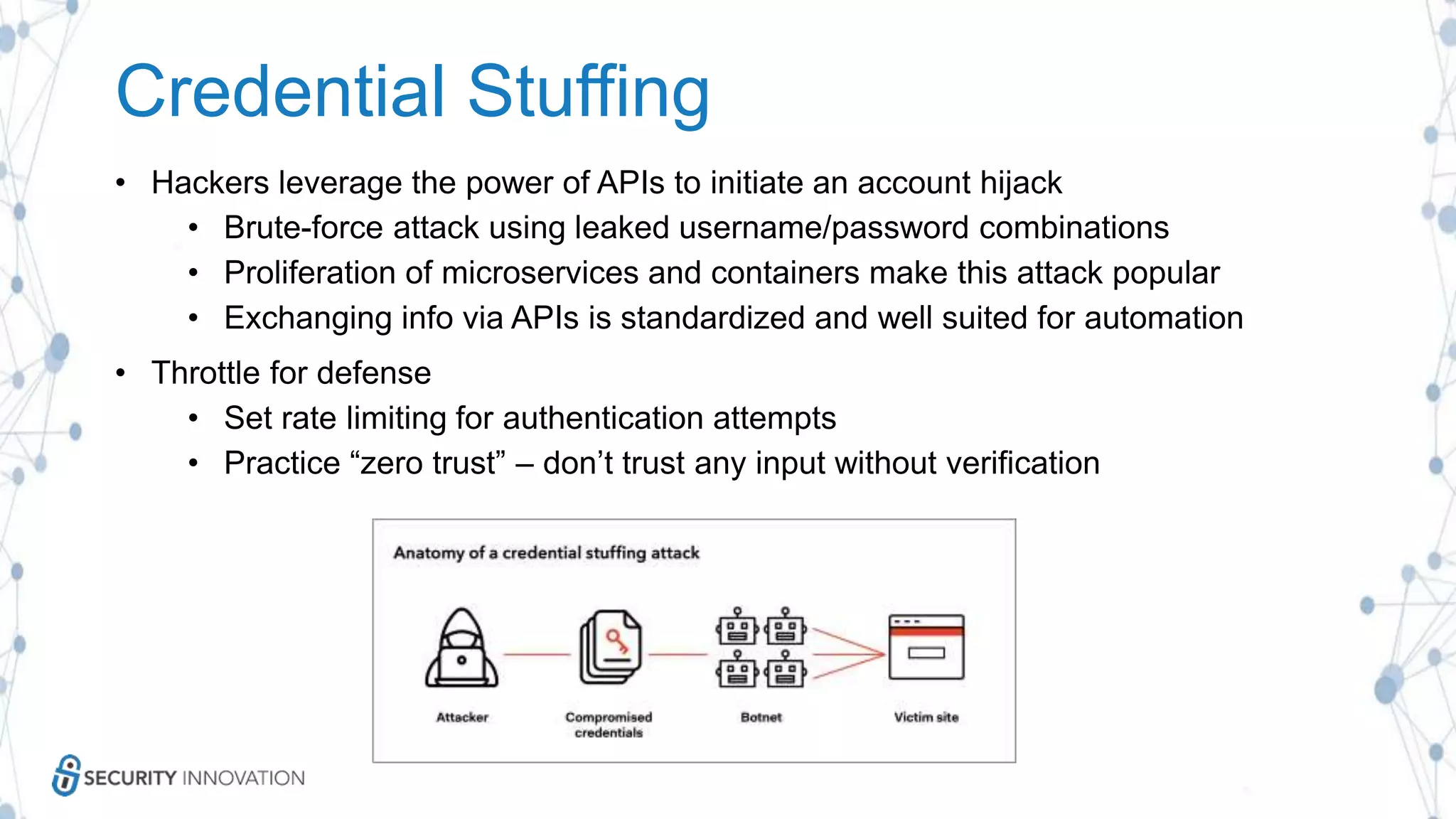 Credential Stuffing
• Hackers leverage the power of APIs to initiate an account hijack
• Brute-force attack using leaked username/password combinations
• Proliferation of microservices and containers make this attack popular
• Exchanging info via APIs is standardized and well suited for automation
• Throttle for defense
• Set rate limiting for authentication attempts
• Practice “zero trust” – don’t trust any input without verification
 