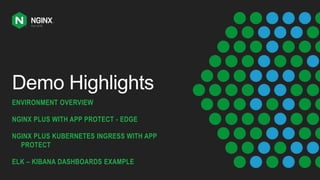 Demo Highlights
ENVIRONMENT OVERVIEW
NGINX PLUS WITH APP PROTECT - EDGE
NGINX PLUS KUBERNETES INGRESS WITH APP
PROTECT
ELK – KIBANA DASHBOARDS EXAMPLE
 