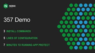 357 Demo
3 INSTALL COMMANDS
5 LINES OF CONFIGURATION
7 MINUTES TO RUNNING APP PROTECT
 