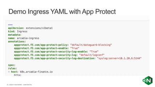 | ©2020 F5 NETWORKS - CONFIDENTIAL33
Demo Ingress YAML with App Protect
 