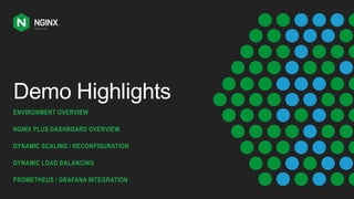 Demo Highlights
ENVIRONMENT OVERVIEW
NGINX PLUS DASHBOARD OVERVIEW
DYNAMIC SCALING / RECONFIGURATION
DYNAMIC LOAD BALANCING
PROMETHEUS / GRAFANA INTEGRATION
 