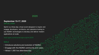 | ©2020 F535
September 15-17, 2020
VIRTUAL EVENT
Sprint is a three-day virtual event designed to inspire and
engage developers, architects, and operators looking to
use NGINX technologies to develop and deliver modern
applications at scale.
www.nginx.com/events/nginx-sprint-2020
GOALS
• Introduce solutions and evolution of NGINX.
• Engage with the NGINX community and users.
• Attract 1,500 live attendees/day.
 
