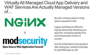 | ©2020 F5 NETWORKS - CONFIDENTIAL8
VirtuallyAll Managed CloudApp Delivery and
WAF ServicesAre Actually Managed Versions
of…
&
But with a limited subset of config
options exposed for both
Legacy workloads are difficult to
migrate without fully refactoring your
apps first, increasing migration time
and decreasing the chance of
success
And the limited feature set exposed is
often lacking key needed functionality
for greenfield apps as well
 