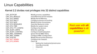 17
CAP_SETPCAP
CAP_SYS_MODULE
CAP_SYS_RAWIO
CAP_SYS_PACCT
CAP_SYS_NICE
CAP_SYS_RESOURCE
CAP_SYS_TIME
CAP_SYS_TTY_CONFIG
CAP_AUDIT_WRITE
CAP_AUDIT_CONTROL
CAP_MAC_OVERRIDE
CAP_MAC_ADMIN
CAP_SYSLOG
CAP_NET_ADMIN
CAP_SYS_ADMIN
Modify process capabilities
Insert/Remove kernel modules
Modify Kernel Memory
Conﬁgure process accounting
Modify Priority of processes
Override Resource Limits
Modify the system clock
Conﬁgure tty devices
Write the audit log
Conﬁgure Audit Subsystem
Ignore Kernel MAC Policy
Conﬁgure MAC Conﬁguration
Modify Kernel printk behaviour
Conﬁgure the network:
Catch all
- Setting the hostname/domainname
- mount(),unmount()
- nfsservctl
- ….
Linux Capabilities
Kernel 2.2 divides root privileges into 32 distinct capabilities
Root user with all
capabilities is all
powerful!!
 