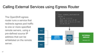 47
Calling External Services using Egress Router
The OpenShift egress
router runs a service that
redirects egress pod traffic
to one or more specified
remote servers, using a
pre-defined source IP
address that can be
whitelisted on the remote
server.
NODE
IP1
EGRESS
ROUTER
POD
IP1
EGRESS
SERVICE
INTERNAL-IP:8080
EXTERNAL
SERVICE
Whitelist: IP1
POD
POD
POD
...
- name: EGRESS_DESTINATION
value: |
80 tcp 1.2.3.4
8080 tcp 5.6.7.8 80
8443 tcp 9.10.11.12 443
13.14.15.16
...
 