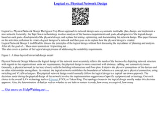 Logical vs. Physical Network Design
Logical vs. Physical Network Design The typical Top–Down approach to network design uses a systematic method to plan, design, and implement a
new network. Generally, the Top–Down methodology involves analysis of the business requirements and goals, development of the logical design
based on such goals, development of the physical design, and a phase for testing, optimizing, and documenting the network design. This paper focuses
on the activities performed to create a logical design of a network and then goes on to explain how the physical design is created.
Logical Network Design It is difficult to discuss the principles of the logical design without first discussing the importance of planning and analysis.
After all, the goal of ... Show more content on Helpwriting.net ...
This also covers a portion of the logical design process of addressing the scalability requirements.
Figure 1. A three–layered hierarchal design model
Physical Network Design Whereas the logical design of the network most accurately reflects the needs of the business by depicting network structure
with regards to the organizational units and requirements, the physical design is more concerned with distance, cabling, and connectivity issues.
Generally, a physical network is tied very closely with the building infrastructure and floor plan. It depicts the physical connections of the devices and
no other relationships among them. In contrast, the logical network establishes the boundaries of subnets as a concept, not a physical connection, using
switching and VLAN techniques. The physical network design would normally follow the logical design in a typical top–down approach. The
decisions made during the physical design of the network involve the implementation suggestions of specific equipment and technology. One such
choice is the overall LAN technology such as Ethernet, FDDI, or Token Ring. The topology chosen in the logical design usually makes this decision
apparent. Also, the determination of devices such as whether to use hubs or routers is made, how many are required, how many
... Get more on HelpWriting.net ...
 
