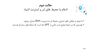 /36
‫دوم‬ ‫حالت‬
‫ادغام‬‫اینترنت‬ ‫و‬ ‫ابر‬ ‫های‬ ‫محیط‬ ‫با‬‫اشیاء‬
•‫چالش‬ ‫به‬ ‫توجه‬ ‫با‬‫های‬‫امنیتی‬،‫محیط‬‫به‬ ‫ابر‬‫مدیریت‬SOA‫میشود‬ ‫تبدیل‬.
•‫تهدیدی‬‫که‬‫در‬‫اینجا‬‫است‬ ‫مطرح‬‫ناشی‬‫از‬APT‫است‬ ،‫ها‬‫که‬‫شبكه‬‫های‬‫متمرکز‬‫هستند‬.
18
 