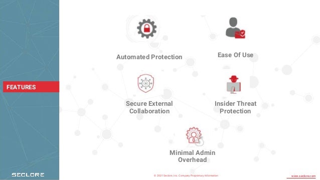 © 2021 Seclore, Inc. Company Proprietary Information www.seclore.com
FEATURES
Automated Protection Ease Of Use
Secure External
Collaboration
Insider Threat
Protection
Minimal Admin
Overhead
 