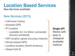 New Services available
• Cell-tower lookup
• Assisted GPS
• IP Location
• available for 3.4 billion connected
devices worldwide
• WiFi location (great accuracy indoors)
• Device-based GPS
• Landline location (North America)
• Global Cell ID
New Services (2013)
Location Based Services
Single API
Works with
best or
cheapest
available
method
 