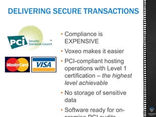31
• Compliance is
EXPENSIVE
• Voxeo makes it easier
• PCI-compliant hosting
operations with Level 1
certification – the highest
level achievable
• No storage of sensitive
data
• Software ready for on-
DELIVERING SECURE TRANSACTIONS
 