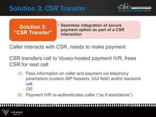 Caller interacts with CSR, needs to make payment
CSR transfers call to Voxeo-hosted payment IVR, frees
CSR for next call
A) Pass information on caller and payment via telephony
parameters (custom SIP headers, UUI field) and/or backend
call
OR
B) Payment IVR re-authenticates caller (“as if standalone”)
Solution 3: CSR Transfer
• Seamless integration of secure
payment option as part of a CSR
interaction
Solution 3:
“CSR Transfer”
 