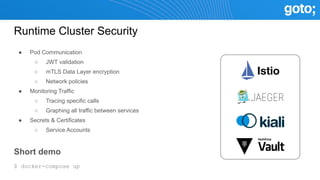 Runtime Cluster Security
● Pod Communication
○ JWT validation
○ mTLS Data Layer encryption
○ Network policies
● Monitoring Traffic
○ Tracing specific calls
○ Graphing all traffic between services
● Secrets & Certificates
○ Service Accounts
Short demo
$ docker-compose up
 