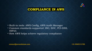 COMPLIANCE IN AWS
• Built-in tools: AWS Config, AWS Audit Manager
• Common standards supported: ISO, SOC, PCI-DSS,
HIPAA
• How AWS helps achieve regulatory compliance
+91-96400 01789
contact@accentfuture.com
 