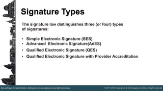 © 2017-2019 Creative Arts & Technologies and others. All rights reserved.#Java2Days #eHealth #eGov #eSignature #Java @wernerkeil @thodorisbais
Signature Types
The signature law distinguishes three (or four) types
of signatures:
• Simple Electronic Signature (SES)
• Advanced Electronic Signature(AdES)
• Qualified Electronic Signature (QES)
• Qualified Electronic Signature with Provider Accreditation
 