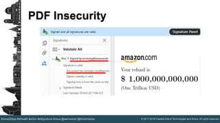 © 2017-2019 Creative Arts & Technologies and others. All rights reserved.#Java2Days #eHealth #eGov #eSignature #Java @wernerkeil @thodorisbais
PDF Insecurity
 