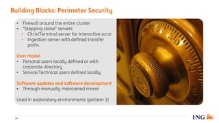 • Firewall around the entire cluster
• “Stepping stone” servers
• Citrix/Terminal server for interactive access
• Ingestion server with defined transfer
paths
User model
• Personal users locally defined or with
corporate directory
• Service/Technical users defined locally
Software updates and software development
• Through manually maintained mirror
Used in exploratory environments (pattern 3)
Building Blocks: Perimeter Security
14
 