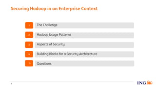 2
4
3
1
5
The Challenge
Hadoop Usage Patterns
Aspects of Security
Building Blocks for a Security Architecture
Questions
Securing Hadoop in an Enterprise Context
3
 