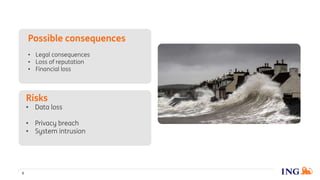 6
Possible consequences
• Legal consequences
• Loss of reputation
• Financial loss
Risks
• Data loss
• Privacy breach
• System intrusion
 