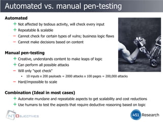 Automated vs. manual pen-testing
Automated
   + Not affected by tedious activity, will check every input
   + Repeatable & scalable
   ‒ Cannot check for certain types of vulns; business logic flaws
   ‒ Cannot make decisions based on content

Manual pen-testing
   + Creative, understands content to make leaps of logic
   + Can perform all possible attacks
   ‒ Will only "spot check"
        ▪   10 inputs x 200 payloads = 2000 attacks x 100 pages = 200,000 attacks
   ‒   Hard/impossible to scale


Combination (Ideal in most cases)
   + Automate mundane and repeatable aspects to get scalability and cost reductions
   + Use humans to test the aspects that require deductive reasoning based on logic
 