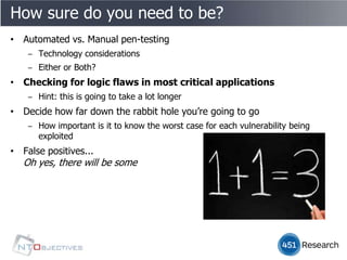 How sure do you need to be?
• Automated vs. Manual pen-testing
    ‒ Technology considerations
    ‒ Either or Both?
• Checking for logic flaws in most critical applications
    ‒ Hint: this is going to take a lot longer
• Decide how far down the rabbit hole you’re going to go
    ‒ How important is it to know the worst case for each vulnerability being
      exploited
• False positives...
   Oh yes, there will be some
 