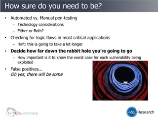 How sure do you need to be?
• Automated vs. Manual pen-testing
    ‒ Technology considerations
    ‒ Either or Both?
• Checking for logic flaws in most critical applications
    ‒ Hint: this is going to take a lot longer
• Decide how far down the rabbit hole you’re going to go
    ‒ How important is it to know the worst case for each vulnerability being
      exploited
• False positives...
   Oh yes, there will be some
 